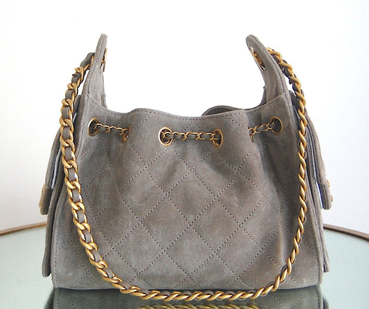 Chanel 25 Mini Grey Suede Gold Hardware