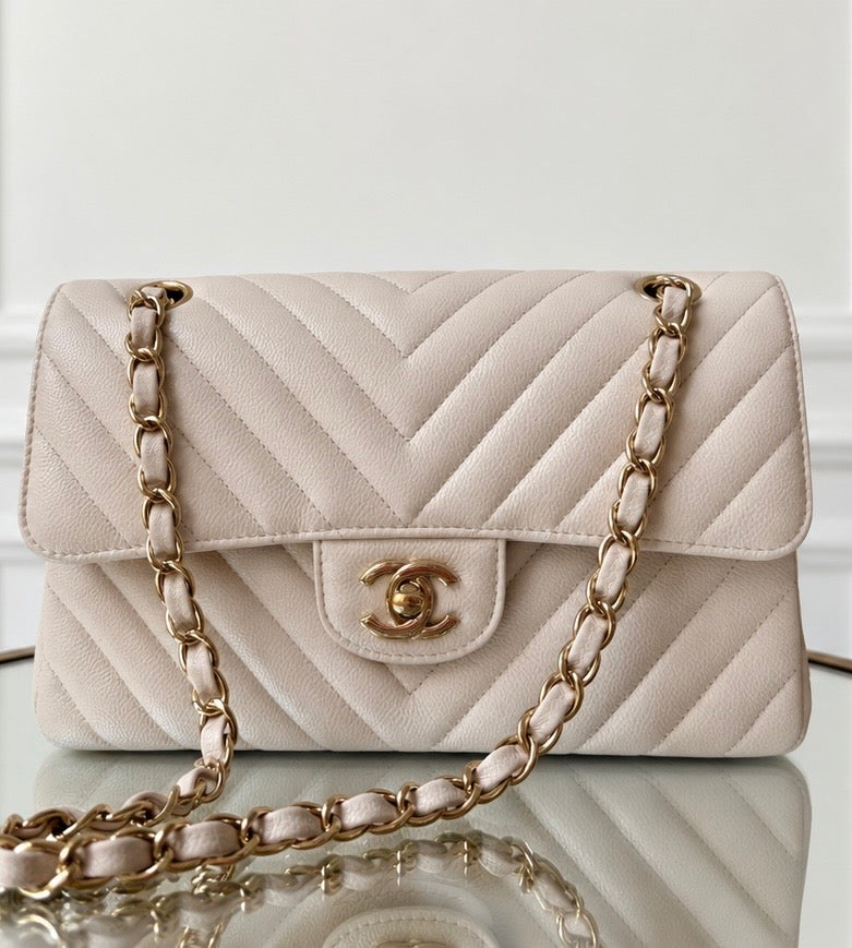 Chanel Small 20B Ivory Chevron Caviar Double Flap Light Gold Hardware