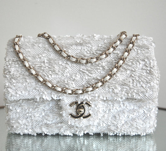 Chanel White Sequin Mini Flap Gold Hardware