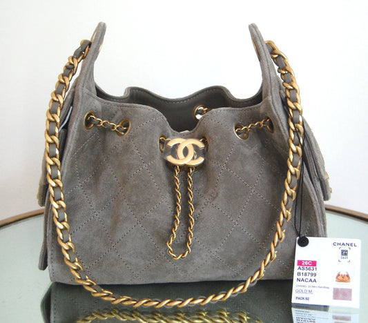 Chanel 25 Mini Grey Suede Gold Hardware
