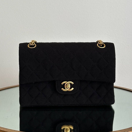 Chanel Black Jersey Small Double Flap Bijoux Gold Hardware