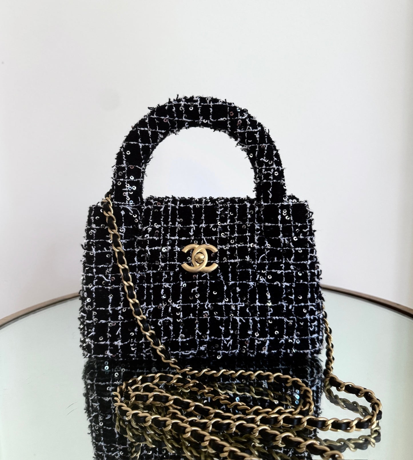 Chanel Black Sequin Tweed Mini Kelly Gold Hardware
