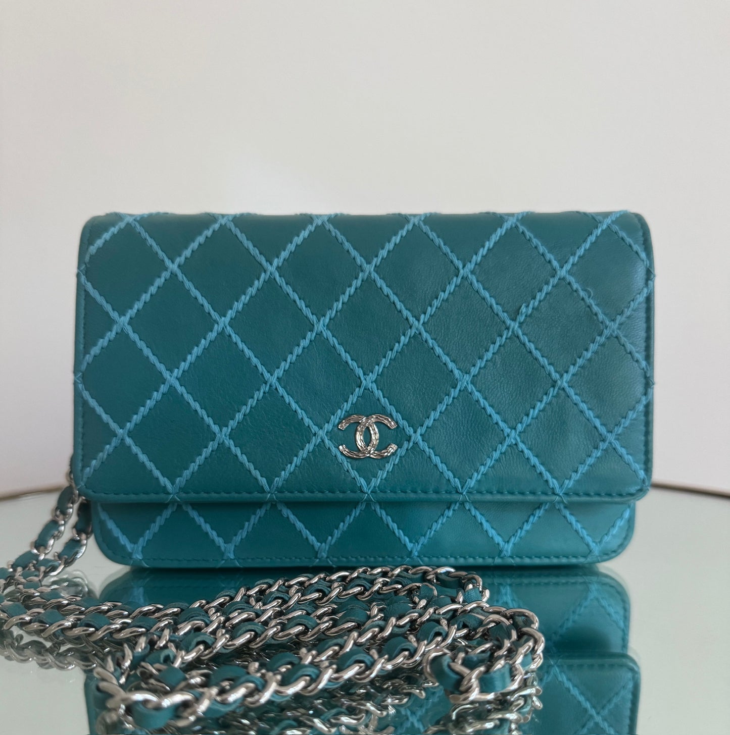 Chanel Ultra Stitch Teal Wallet on Chain Silver Hardware