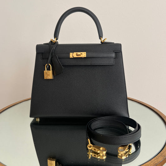 Hermes Kelly 25 Sellier Noir Epsom Gold Hardware